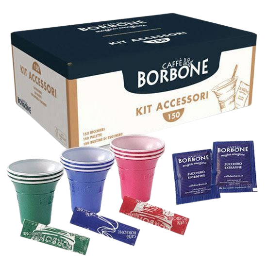Caffè Borbone - Kit Accessori Caffè con 150 Bustine di Zucchero + 150 Bicchierini + 150 Palettine