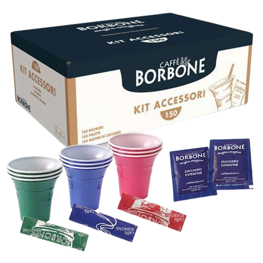 Caffè Borbone - Kit Accessori Caffè con 150 Bustine di Zucchero + 150 Bicchierini + 150 Palettine