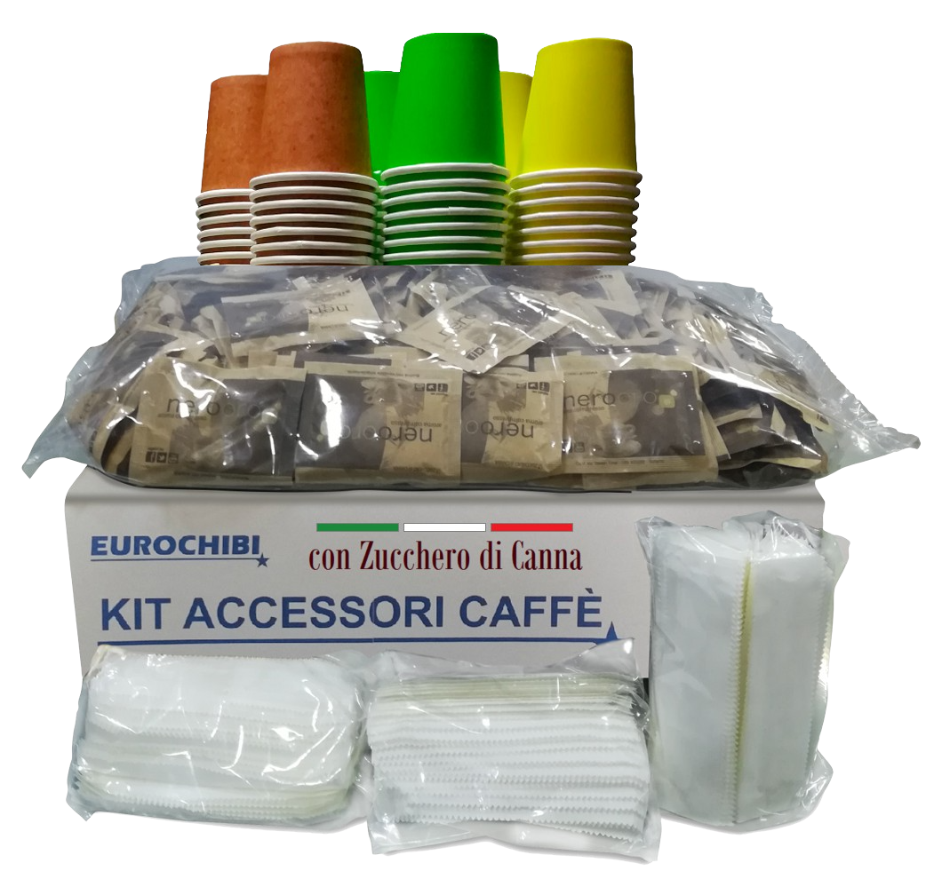 Eurochibi® - Kit Accessori Caffè con 150 Bustine di Zucchero di Canna + 150 Bicchierini + 150 Palettine - Linea Alta Qualità