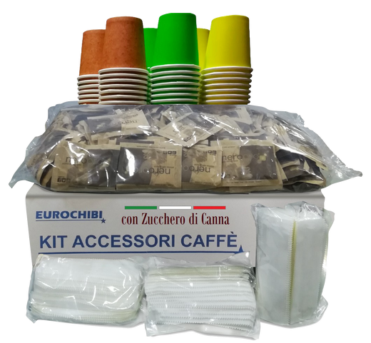 Eurochibi® - Kit Accessori Caffè con 150 Bustine di Zucchero di Canna + 150 Bicchierini + 150 Palettine - Linea Alta Qualità