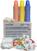 Eurochibi® - Kit Accessori Caffè con 150 Bustine di Zucchero + 150 Bicchierini + 150 Palettine - Linea Alta Qualità