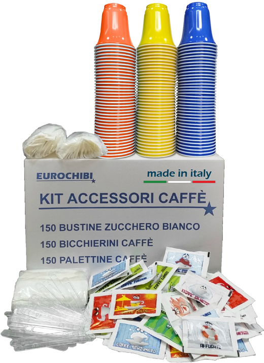 Eurochibi® - Kit Accessori Caffè con 150 Bustine di Zucchero + 150 Bicchierini + 150 Palettine - Linea Alta Qualità