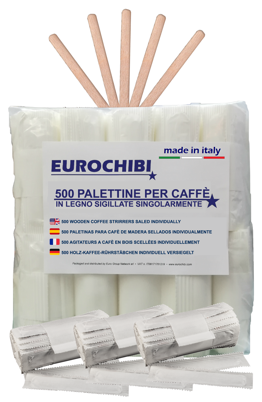 Eurochibi® - 500 Palettine per Caffè in Legno Sigillate Singolarmente