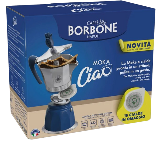 Caffè Borbone MokaCiao - Caffettiera per Cialde ESE44 + 15 Cialde Omaggio - Colore Nero e Argento - Gas, Induzione, Elettrico e Vetroceramica