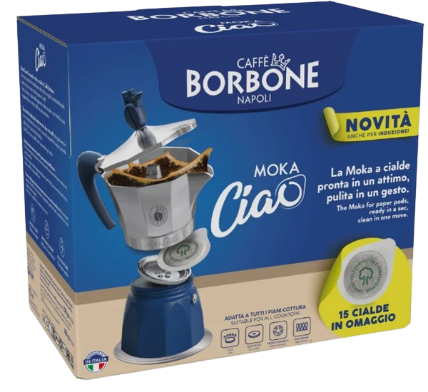 Caffè Borbone MokaCiao - Caffettiera per Cialde ESE44 + 15 Cialde Omaggio - Colore Blu e Argento - Gas, Induzione, Elettrico e Vetroceramica