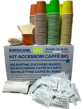 Eurochibi® - Kit Accessori Caffè Bio con 150 Bustine di Zucchero + 150 Bicchierini di Carta + 150 Palettine in Legno - Linea Biodegradabile Compostabile Riciclabile