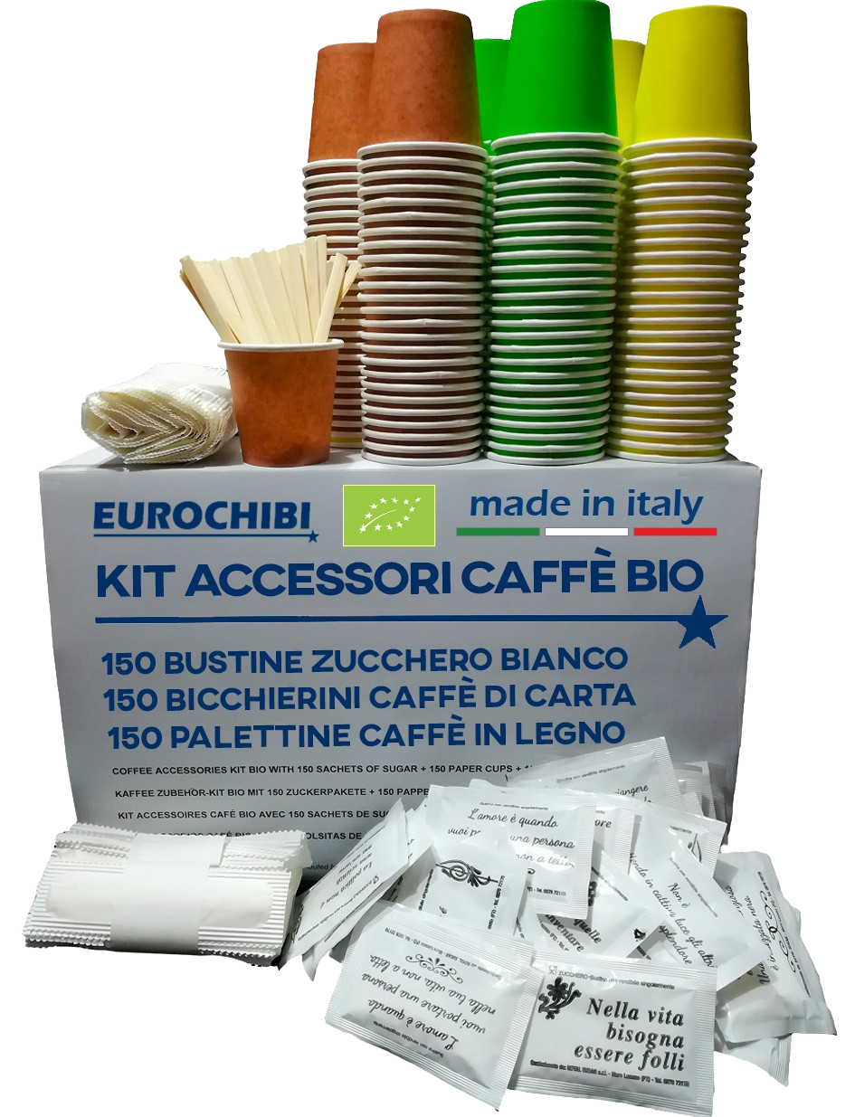 Eurochibi® - Kit Accessori Caffè Bio con 150 Bustine di Zucchero + 150 Bicchierini di Carta + 150 Palettine in Legno - Linea Biodegradabile Compostabile Riciclabile