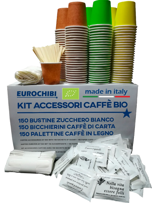 Eurochibi® - Kit Accessori Caffè Bio con 150 Bustine di Zucchero + 150 Bicchierini di Carta + 150 Palettine in Legno - Linea Biodegradabile Compostabile Riciclabile