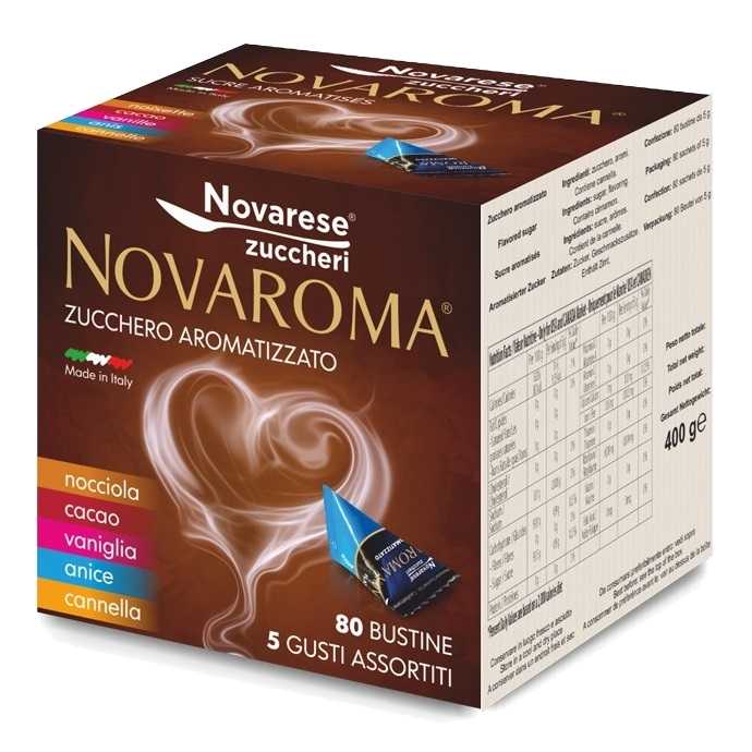 Novaroma - Zucchero Aromatizzato - 80 Bustine Gusti Assortiti di Cannella, Cacao, Vaniglia, Anice e Nocciola