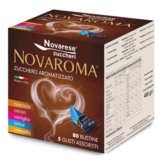 Novaroma - Zucchero Aromatizzato - 80 Bustine Gusti Assortiti di Cannella, Cacao, Vaniglia, Anice e Nocciola